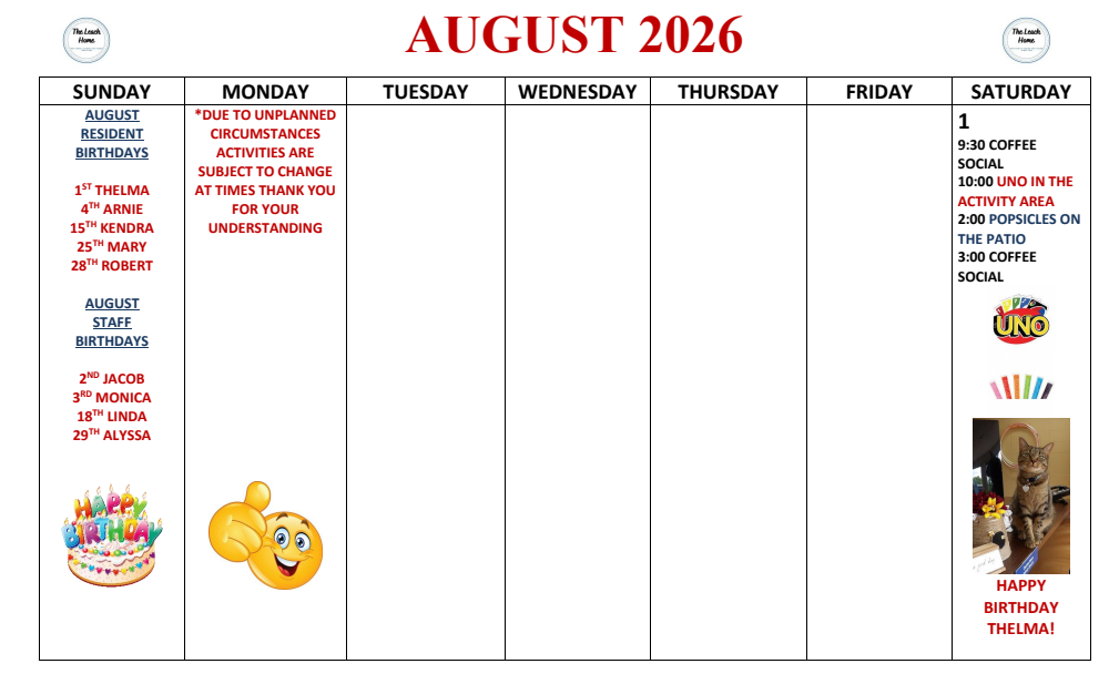 This month's activity calendar at The Leach Home